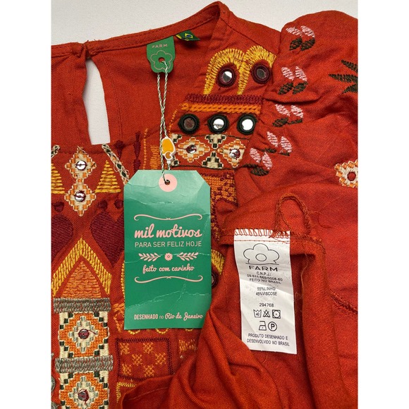 Farm Rio Linen Blend Blouse Detailed Embroidery Blusa Bordada NWT Sz Small $230 - Picture 6 of 16